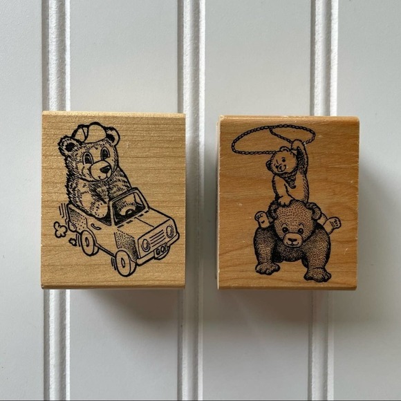 Vintage Wood Block Rubber Stamp Hamilton Arts Teddy Bear Car Rodeo Lasso Set - Picture 7 of 7